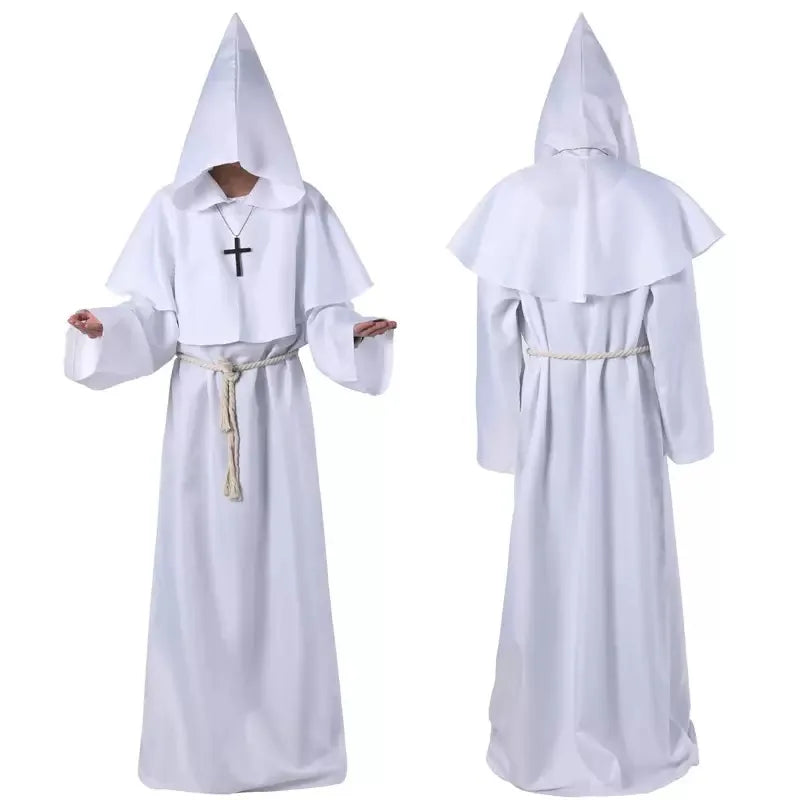 Adult Medieval Wizard Robe with Hood Halloween Priest Costume Gothic Cloak for Cosplay Performance Includes Belt and Cross