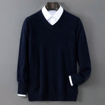 V-Neck Men's 100% Pure Wool Pullover Knitted Sweater, Business Casual Solid Color Simple Long Sleeved Fashionable Loose Warm Top