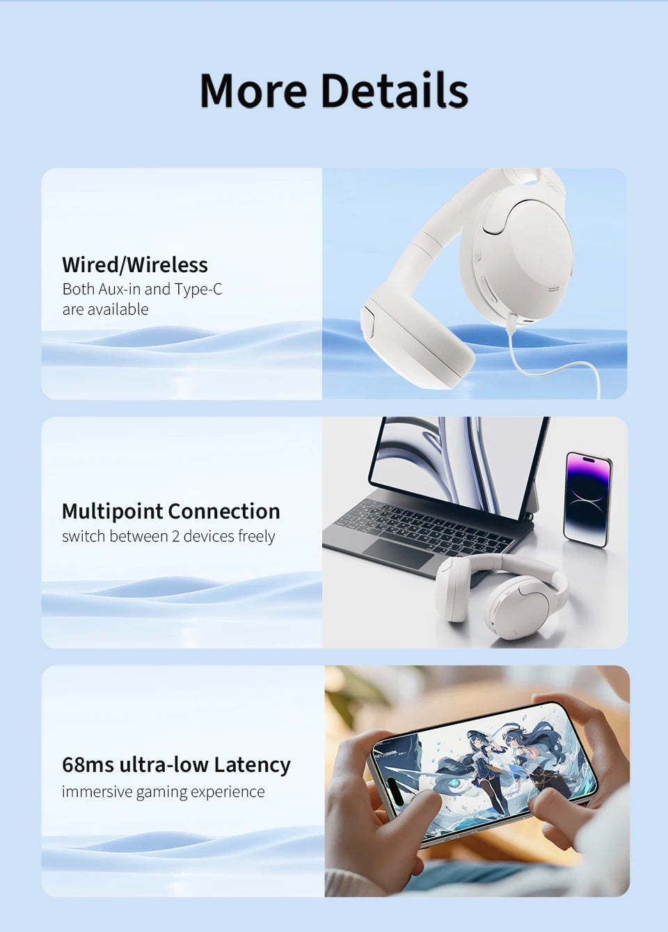 QCY H3 Lite ANC Wireless/Wired Headphones Bluetooth 5.3 Foldable Over Ear Headset HIFI Sound 60H Playtime Earphones Dual Connect