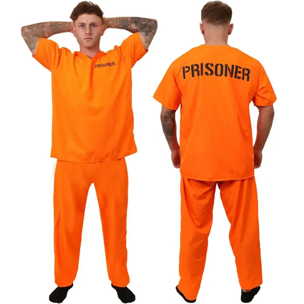 2025 Halloween Adult Inmate Costume Orange Prisoner Jumpsuit Jailbird Outfit for Halloween Orange Prisoner Costume Men Jail
