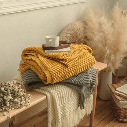 Khaki Gift Knitted Blanket with Tassels Chunky Vintage Luxury Farmhouse Throw Bedspread Oversized Blanket Cover Manta Para Sofá