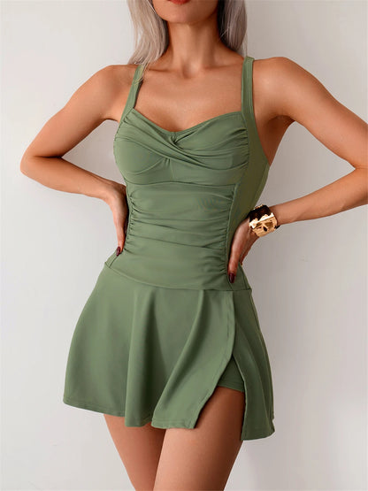 Effen tweedelig badpak 2025 dames geplooide tankini