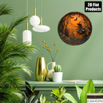 2D Flat, Halloween Wooden Wall Decor - 2D Flat Printed Round Sign with Witch, Bats & Moon Design - Classic Style Home, Kitchen,