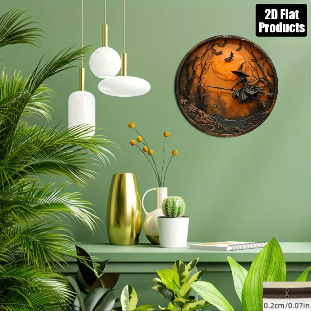 2D Flat, Halloween Wooden Wall Decor - 2D Flat Printed Round Sign with Witch, Bats & Moon Design - Classic Style Home, Kitchen,