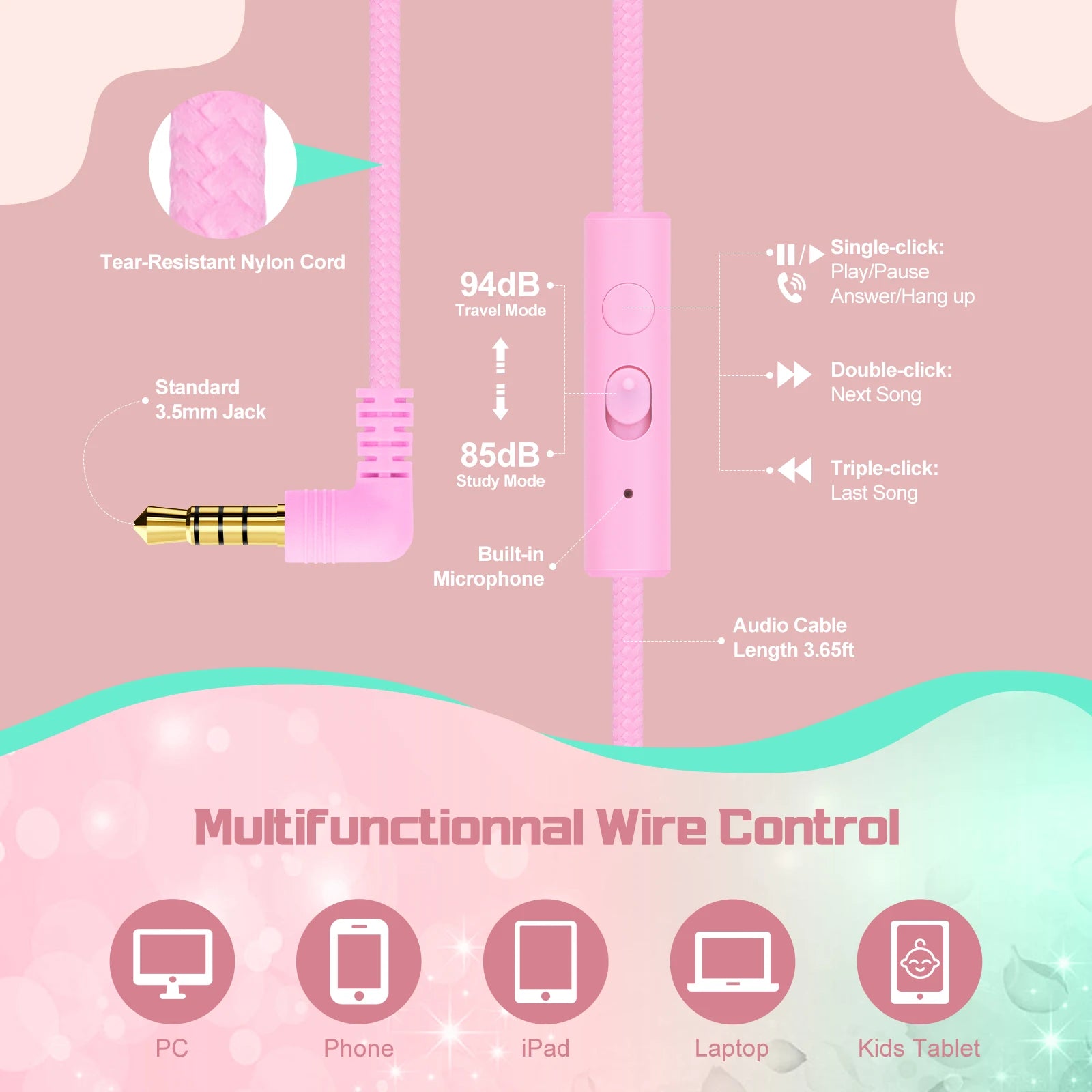 Wired Kids Headphones for School 85/94dB Volume limited Over Ear Headphones for Kids Girls Foldable Gaming Headset with Mic