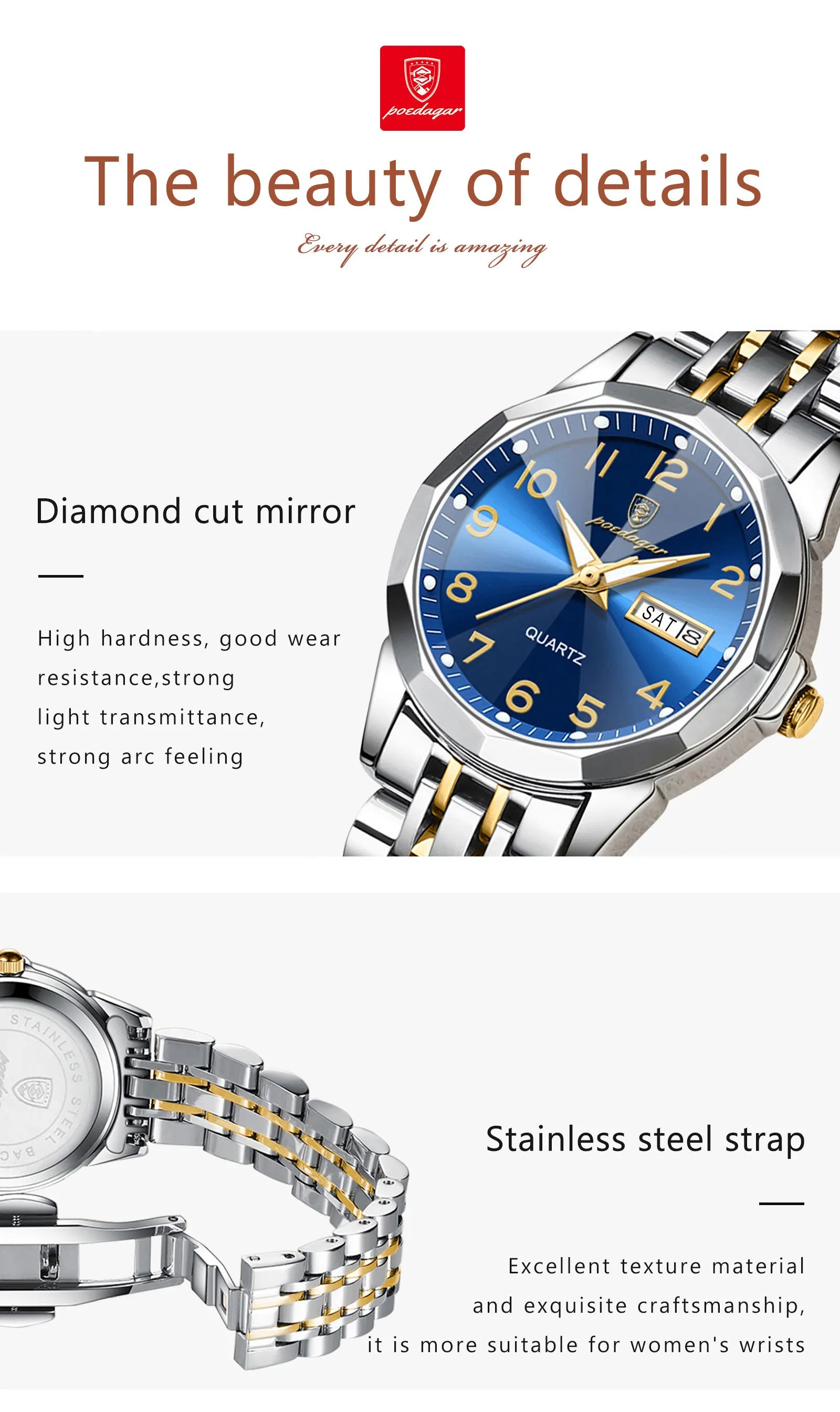 POEDAGAR Fashion Ladies Watch Waterproof Luminous Date Week Watch for Woman High Quality Stainless Steel Women's Quartz Watches