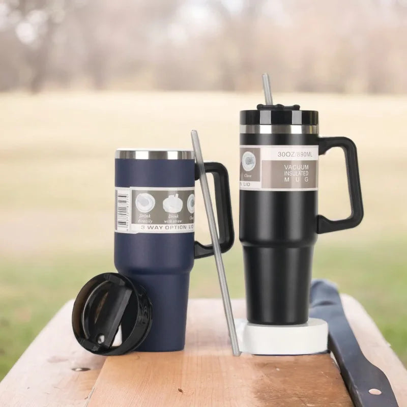 20oz/30oz Stainless Steel Car Thermos Bottle Travel Sports Water Bottle Large Capacity with Handle Straw Mug Outdoor Coffee Cup