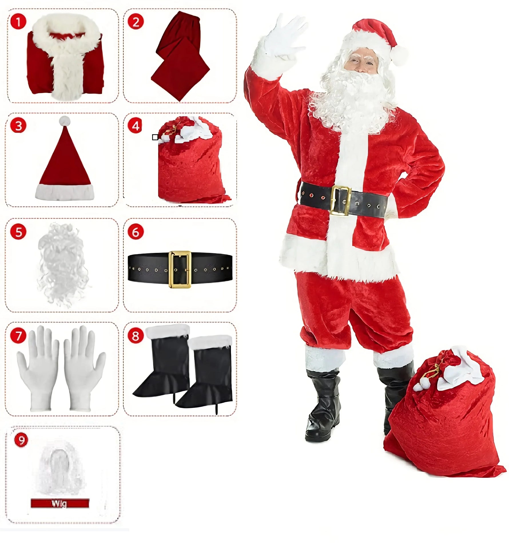Santa Claus Costume Christmas Complete Dress-Up Outfit For Adult Santa Suit With Hat Men Cosplay Costumes 7PCS