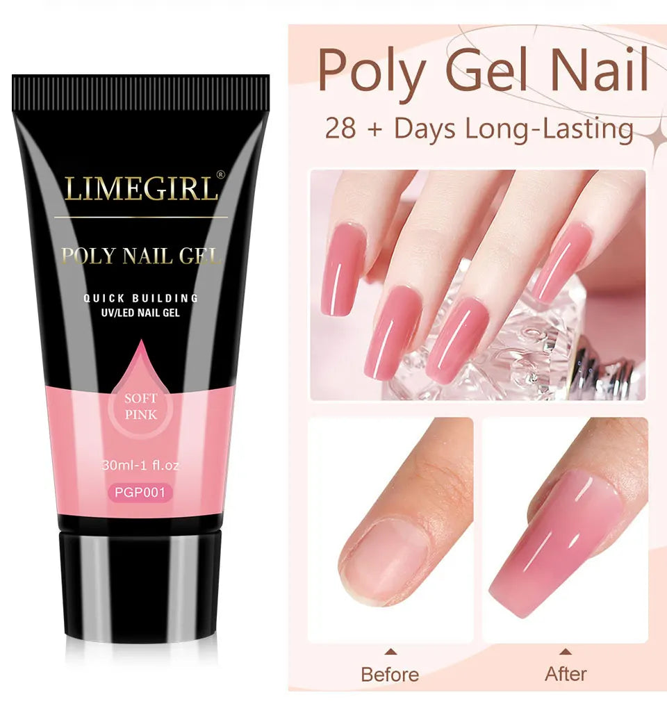 LIMEGIRL 30ml Nail Extension Gel Glitter Soak Off Nail Acrylic Crystal Build Poly UV Gel for Nails Quick Extension Manicure Glue