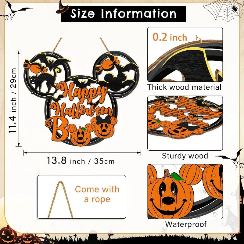 Happy Halloween Mouse Door Sign - Hollow-Out Wooden Decor with Black Cat, Mouse Bat & Pumpkin BOO for Porch or Wall Hanging