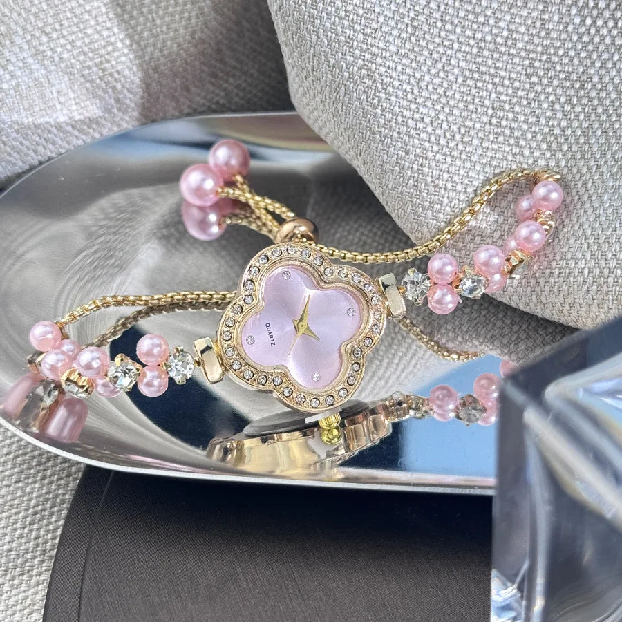 Diamond Set Color Light Luxury Drawstring Watch Exquisite Small Pearl Clover Drawstring Style Quartz Women's Watch