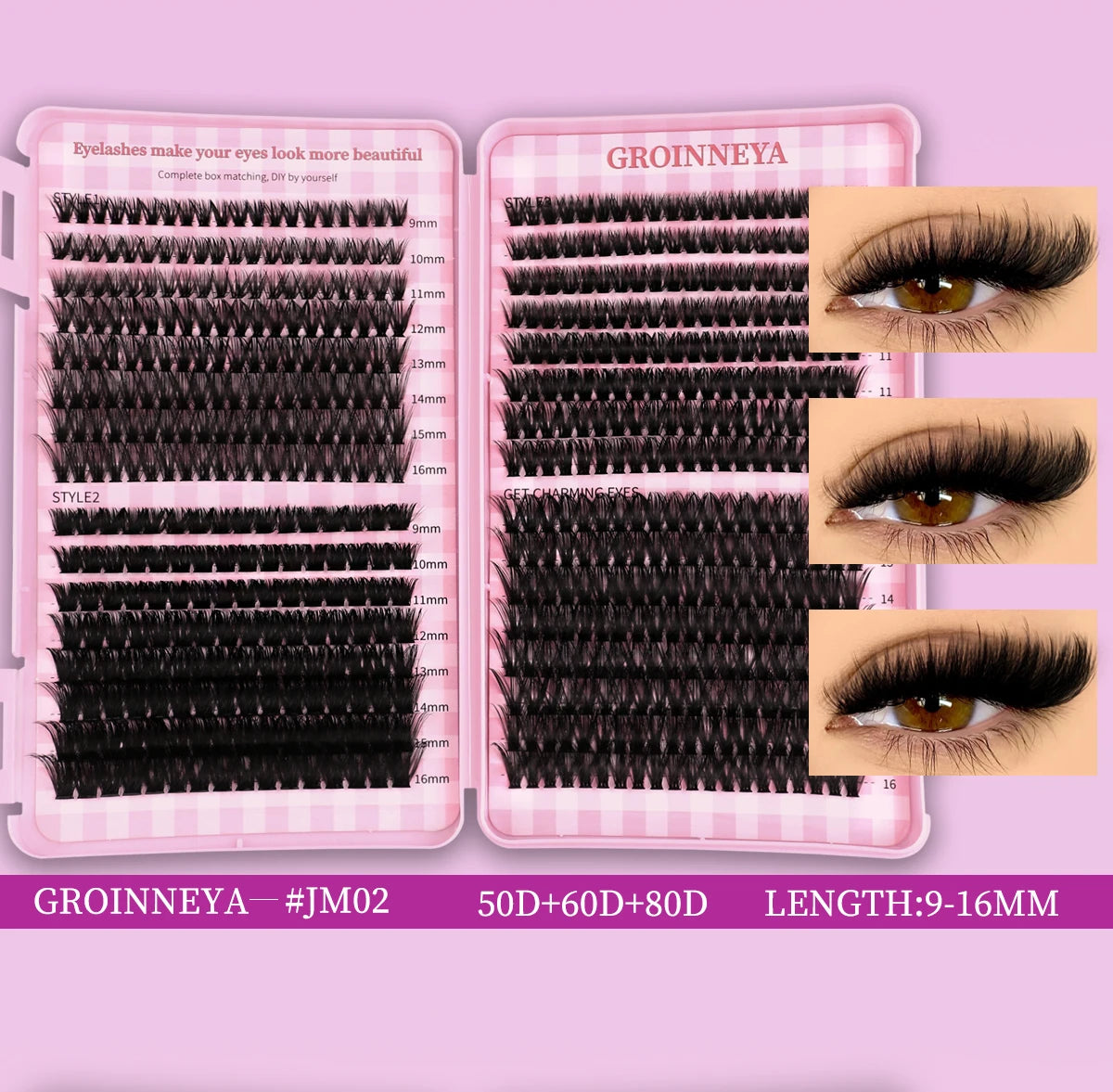 GROINNEYA DIY Lash Clusters Set Mixed Tray Lashes Kit Fluffy Individual Lashes Extension with Lash Bond and Seal At Home Makeup