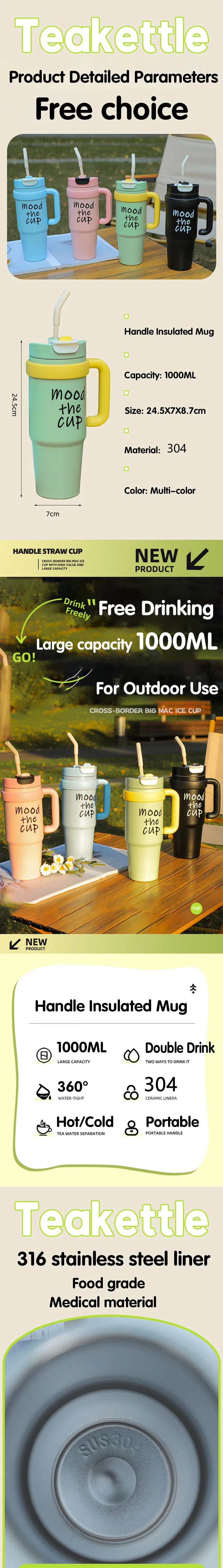 1000ML Thermal Water Bottle 32oz Large Capacity With Straw Stainless Steel Thermos Bottle Cold and Hot Thermos Cup