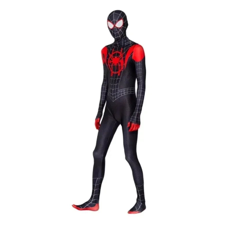Superhero Spiderman Miles Morales Cosplay Costume Adult Kids Spider Man Halloween Jumpsuit Bodysuit Coat Party Dress Up Gift