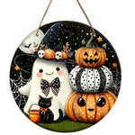 2D Halloween Circular Wooden Sign, Cute Ghost, Bat, Pumpkin Design, Suitable for Home, Room, Garden, Party Decoration, Gifts