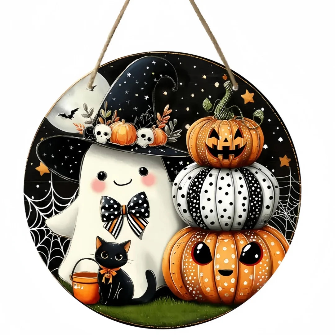 2D Halloween Circular Wooden Sign, Cute Ghost, Bat, Pumpkin Design, Suitable for Home, Room, Garden, Party Decoration, Gifts