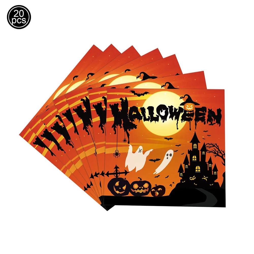 Halloween Disposable Tableware Orange Black Pumpkin Themed Paper Plate Cup Napkin Spooky Themed Decors Halloween Party Supplies