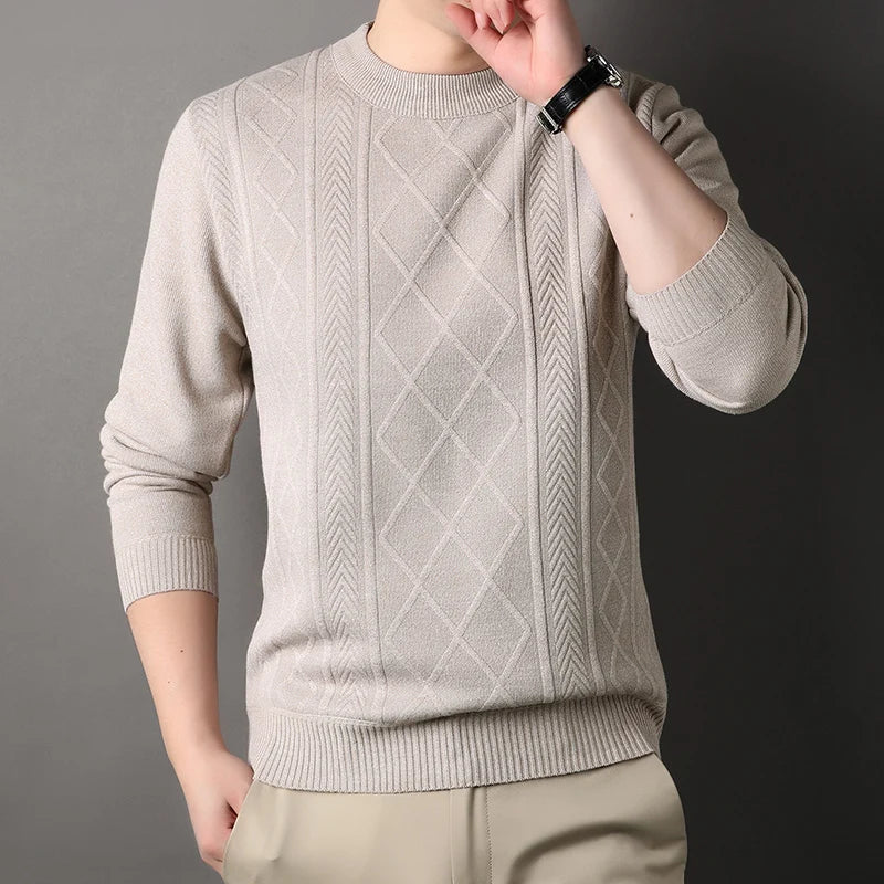 Autumn Winter Men's Fleece Knit Pullovers Solid Color O-Neck Warm Knitted Sweater Men Fashion Smart Casual Pullover Sweaters