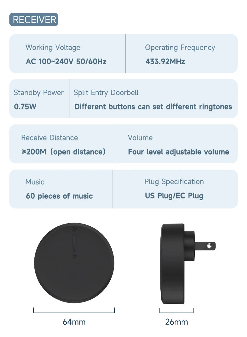Circular Black Self Powered Wireless Doorbell AC 110v 220v US/EU Plug With 60 Rings Waterproof Long-Distance Kinetic Door Bell