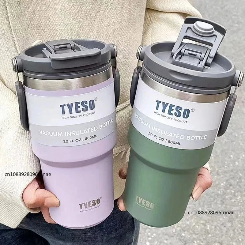 Tyeso 600/750/900ML Car Coffee Cup Thermo Bottle with Straw Portable Sport Insulated Vacuum Flask Travel Thermal Water Bottle
