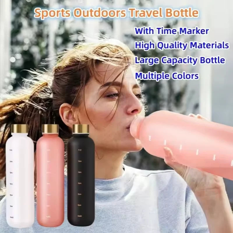 1000ML Bottle With Time Marker Motivational Reusable Fitness Sports Outdoors Travel Cycling Leakproof BPA Free Frosted Bottle
