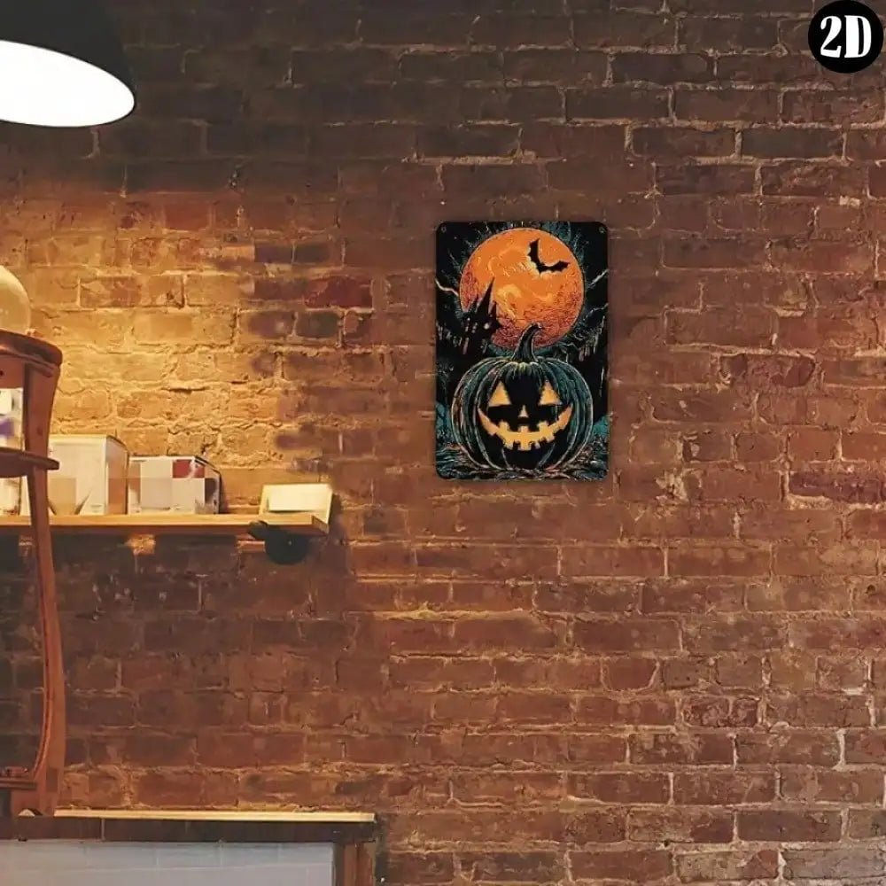 1pc Retro Halloween Metal Sign - Pumpkin Lantern/Ghost Castle Artwork, Horror Theme (Moon+Bats), Durable Decor for Bar Cafe