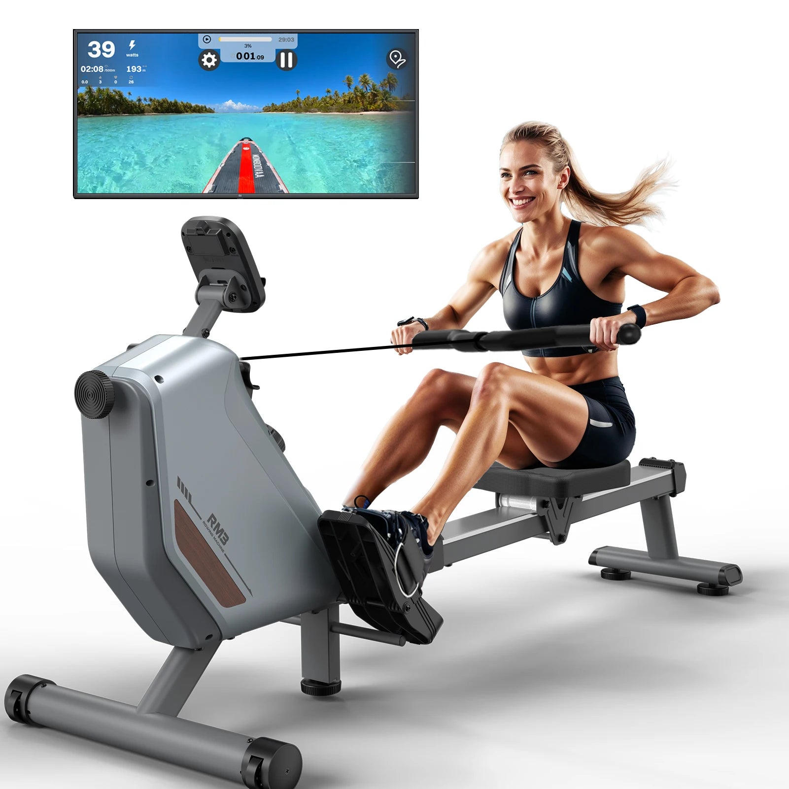 MettleMatic RM3 Foldable Rowing Machine, 300N Magnetic Resistance, 16 Levels, Bluetooth, 150kg Capacity