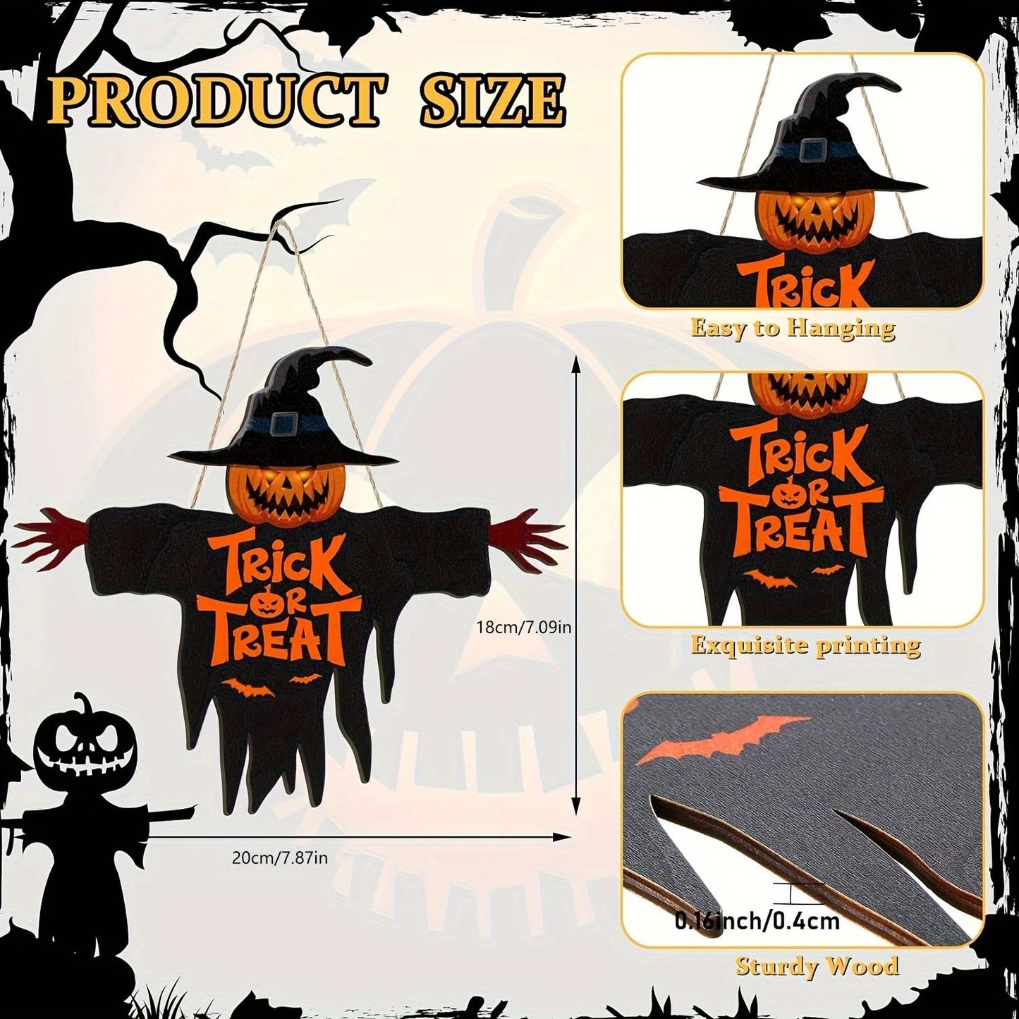1pcs 2D Halloween Trick-or-Treat Wooden Sign Monster Face Pumpkin Design Rope Hanger Porch Wall or Halloween Garden Party Decora