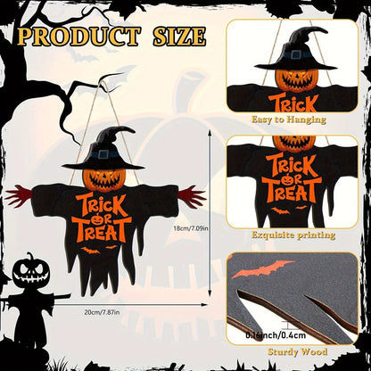 1pcs 2D Halloween Trick-or-Treat Wooden Sign Monster Face Pumpkin Design Rope Hanger Porch Wall or Halloween Garden Party Decora