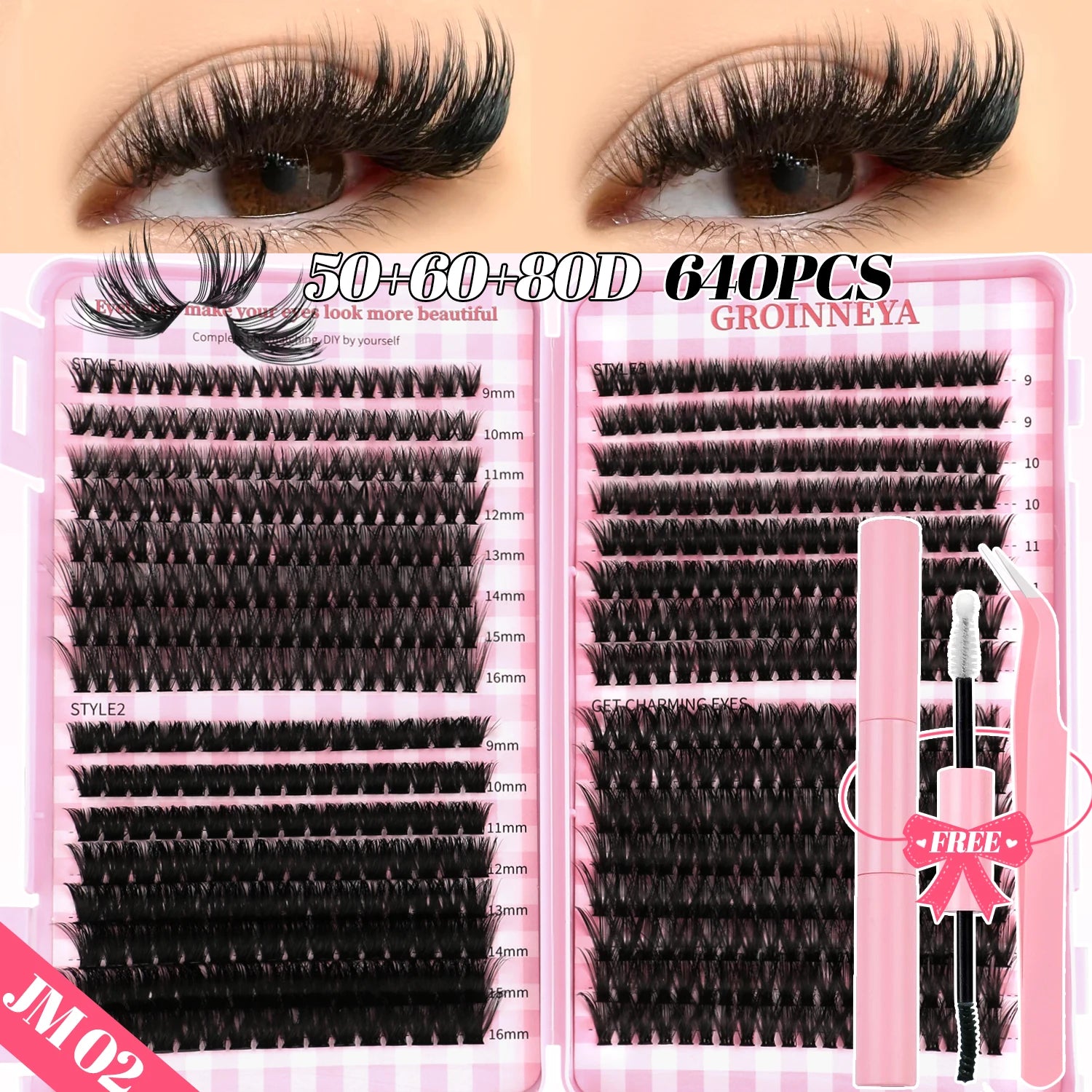 GROINNEYA DIY Lash Clusters Set Mixed Tray Lashes Kit Fluffy Individual Lashes Extension with Lash Bond and Seal At Home Makeup