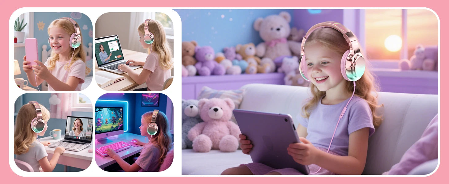Wired Kids Headphones for School 85/94dB Volume limited Over Ear Headphones for Kids Girls Foldable Gaming Headset with Mic