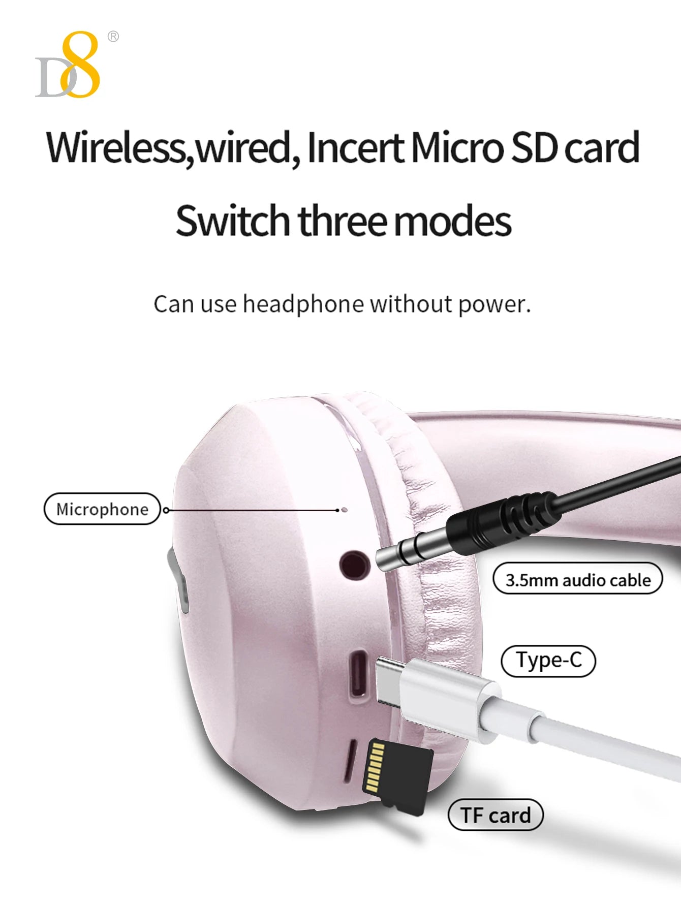 D8 Over Ear  Headphones,  Wireless and Wired Headset Built-in Microphone,  Micro SD Card Slot - (Stealth)  40H Playtime