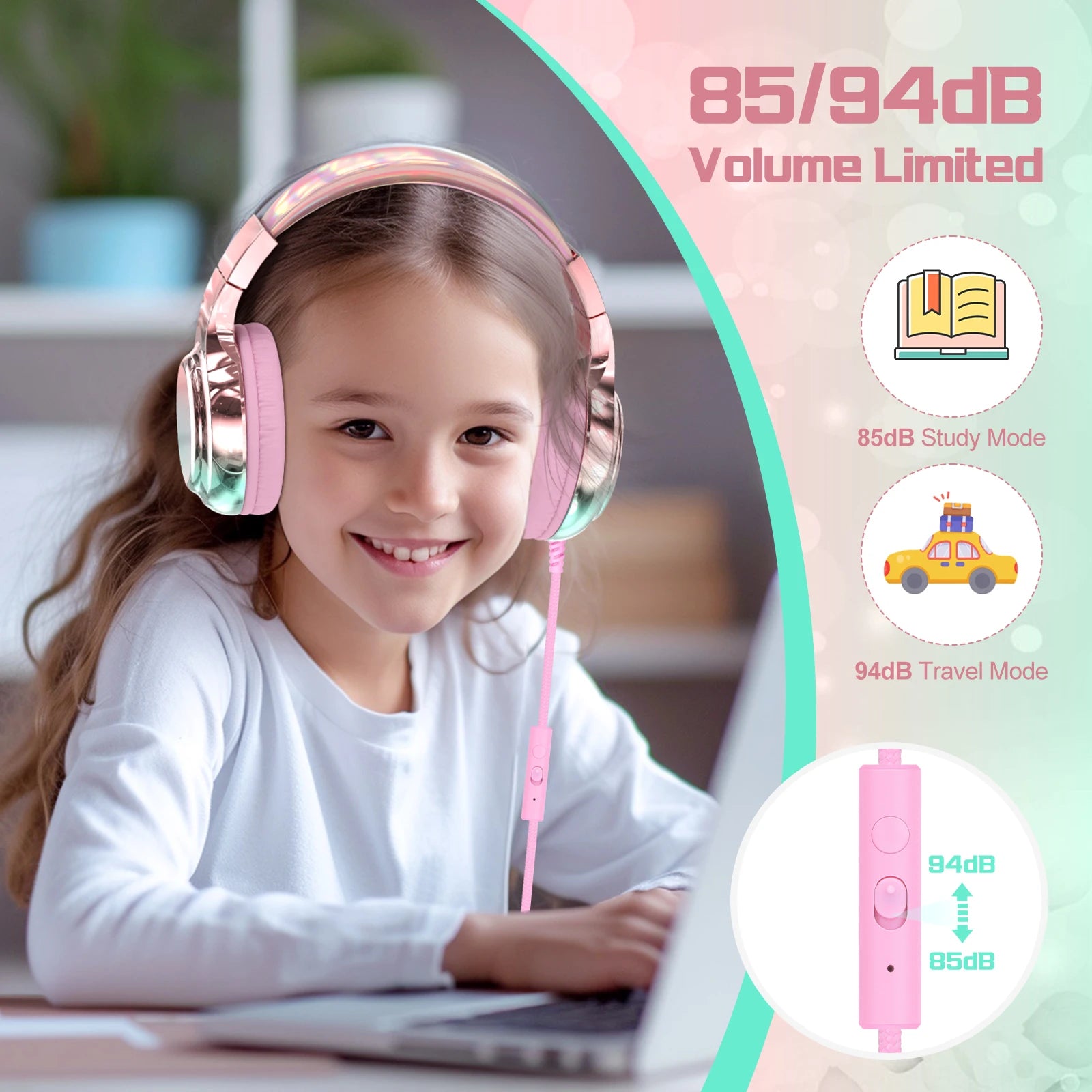 Wired Kids Headphones for School 85/94dB Volume limited Over Ear Headphones for Kids Girls Foldable Gaming Headset with Mic