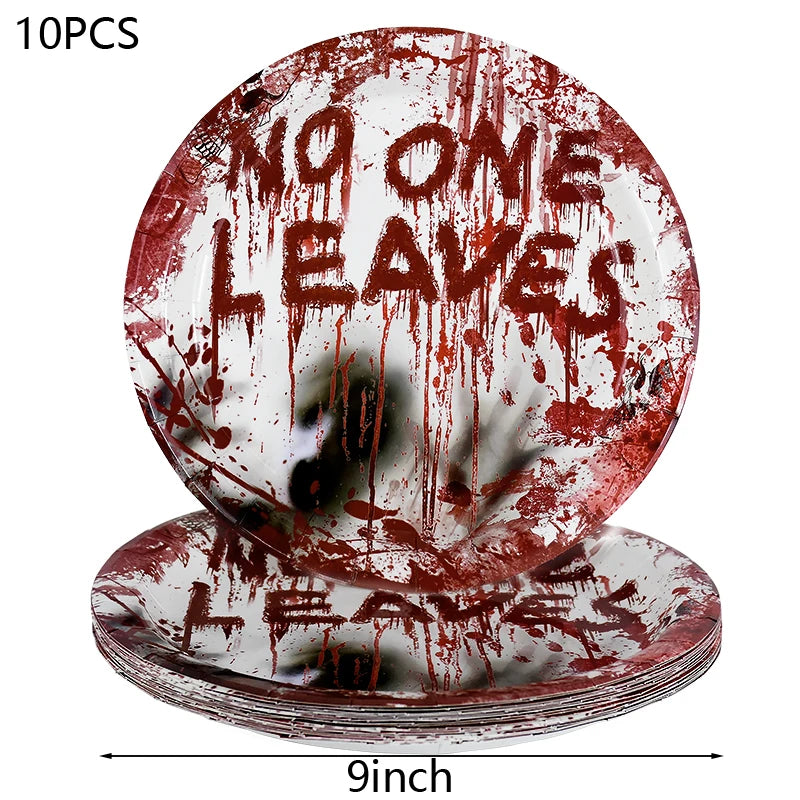 Halloween Party Disposable Tableware Scary Bloody Handprint Paper Plates Cups Popcorn Box For Halloween Horror Party Decor Props