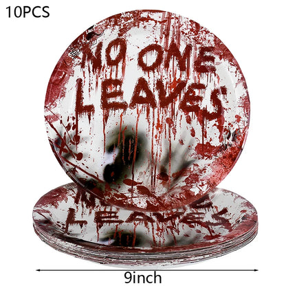 Halloween Party Disposable Tableware Scary Bloody Handprint Paper Plates Cups Popcorn Box For Halloween Horror Party Decor Props