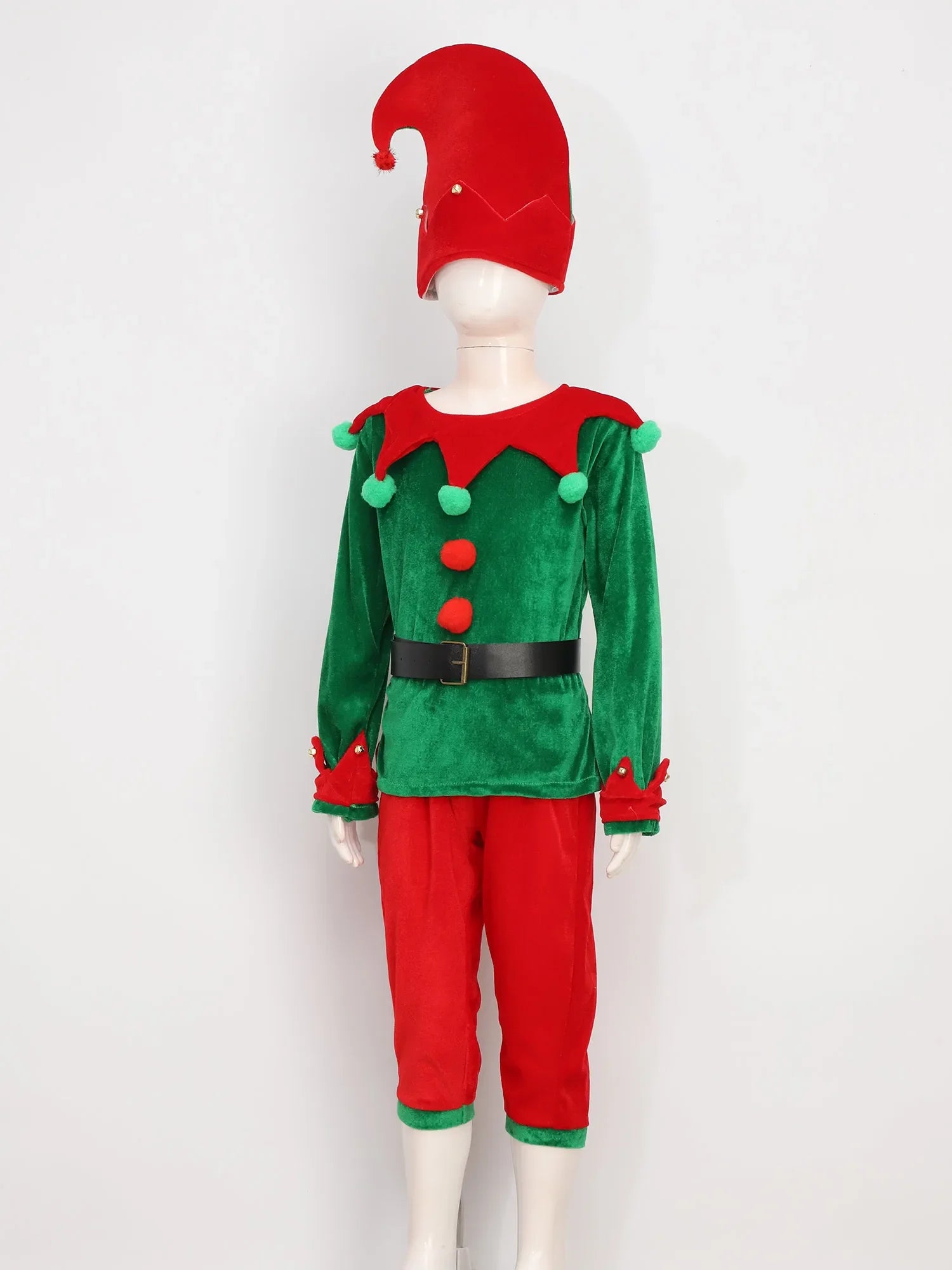 2-12 Yrs Kid Deluxe Christmas Elf Costume 7 Pieces Green Red Elevs Suit Top+Pants+Socks+Hat+Belt+Shoes Covers+Ears Santa Uniform