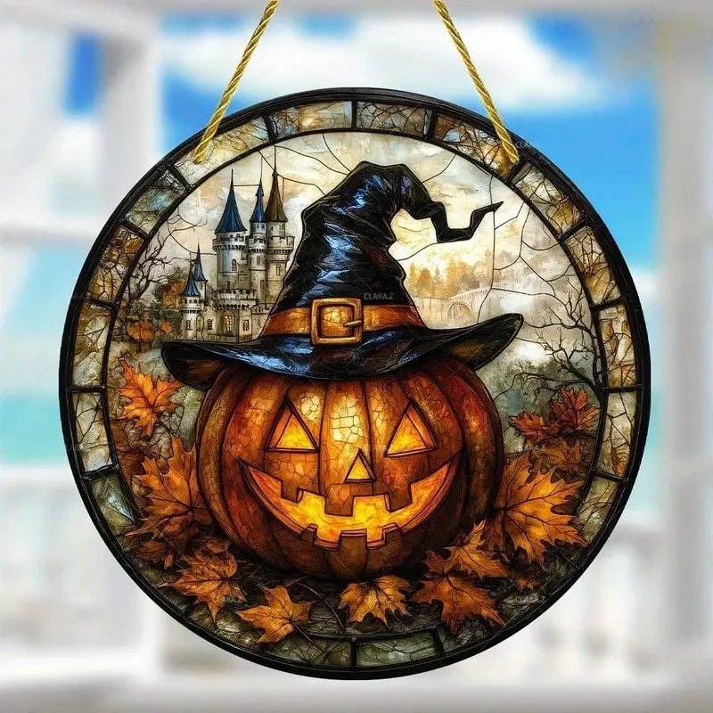 2D Halloween pumpkin circular acrylic sign, suitable for windows, porches, classrooms, courtyards, Halloween decorations, gifts