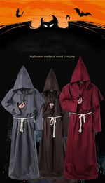 Adult Medieval Wizard Robe with Hood Halloween Priest Costume Gothic Cloak for Cosplay Performance Includes Belt and Cross