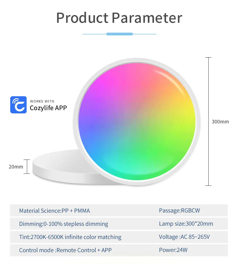 Smart WiFi LED Ceiling Light 24W Cozylife APP Control Voice Control Round Panel Ambient Lamp AC85-265V Works Alexa Geogle Home