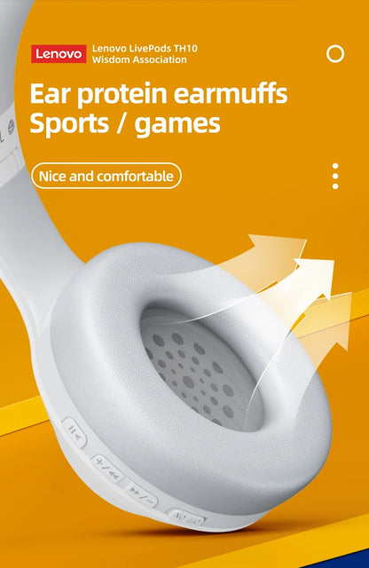 Lenovo TH10 Wireless Bluetooth Headset HIFI Stereo Earphones Foldable Over Ear Earbuds Sports Game Headphones with Microphone
