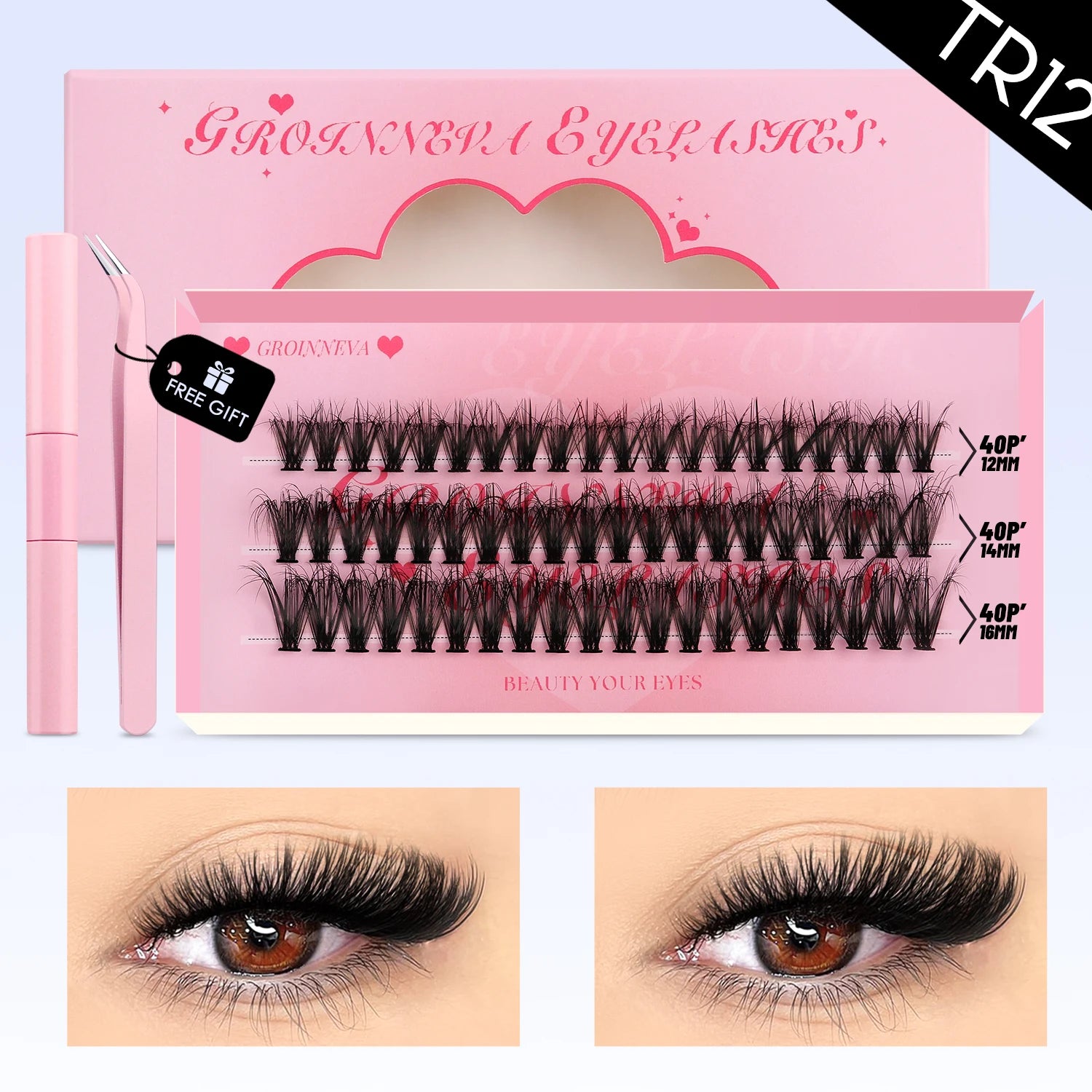 GROINNEYA DIY Lash Clusters Set Mixed Tray Lashes Kit Fluffy Individual Lashes Extension with Lash Bond and Seal At Home Makeup
