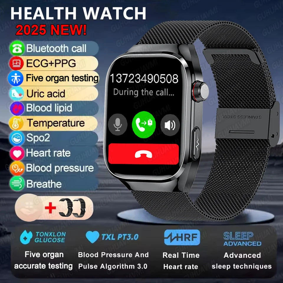 2025 New ECG+PPG Accurate Measure Heart Rate Smart Watch Men Blood Pressure Lipids Uric Acid Bluetooth Call Health Smartwatches