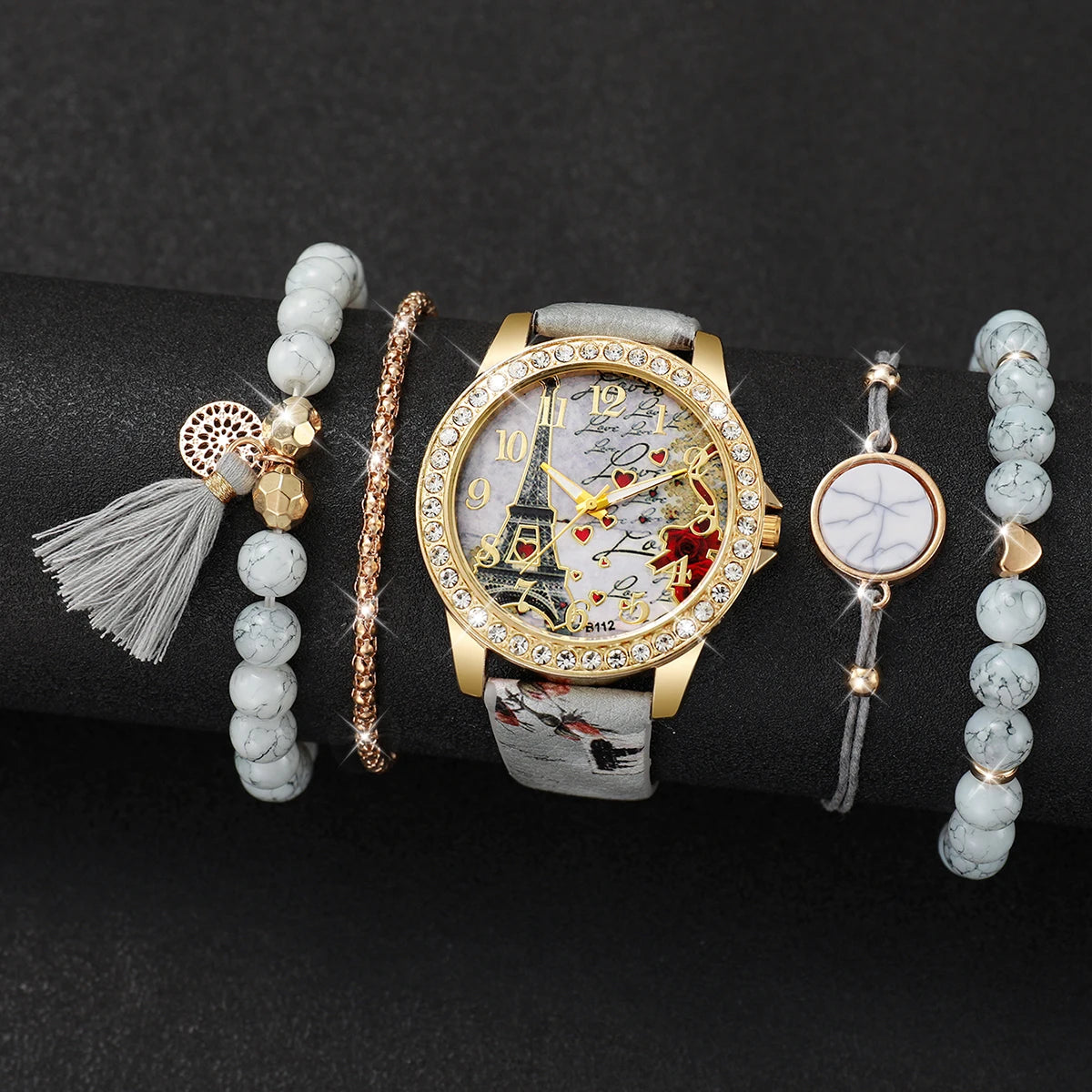 3/4/5PCS Fashion Rhinestone Women's Watch Flowers Printed Leather Band Female Quartz Watches Bracelets Set（Without Box）