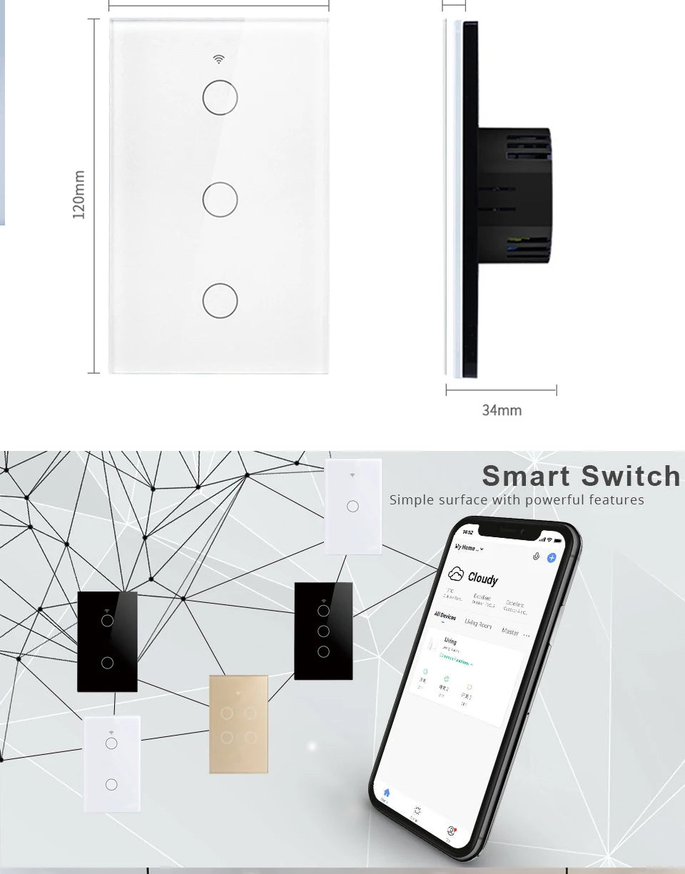 Tuya WiFi Touch Wall Smart Switch 1/2/3 Gang Light Switch Without Neutral Line Smart Life APP Control Support Alexa Google Home