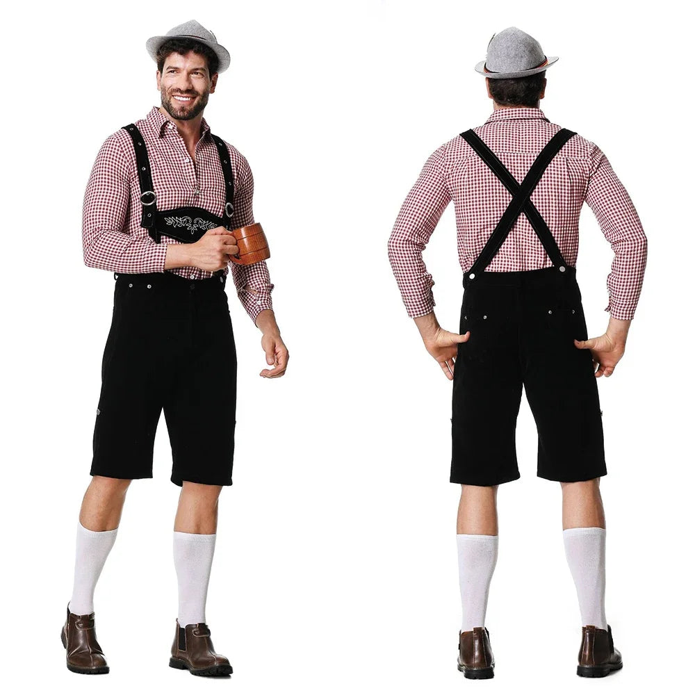 M-XXL Men Bavarian Oktoberfest Lederhosen Costume for Cosplay German Beer Festivals Suspenders Rompers Shirt Hat Set Outfit