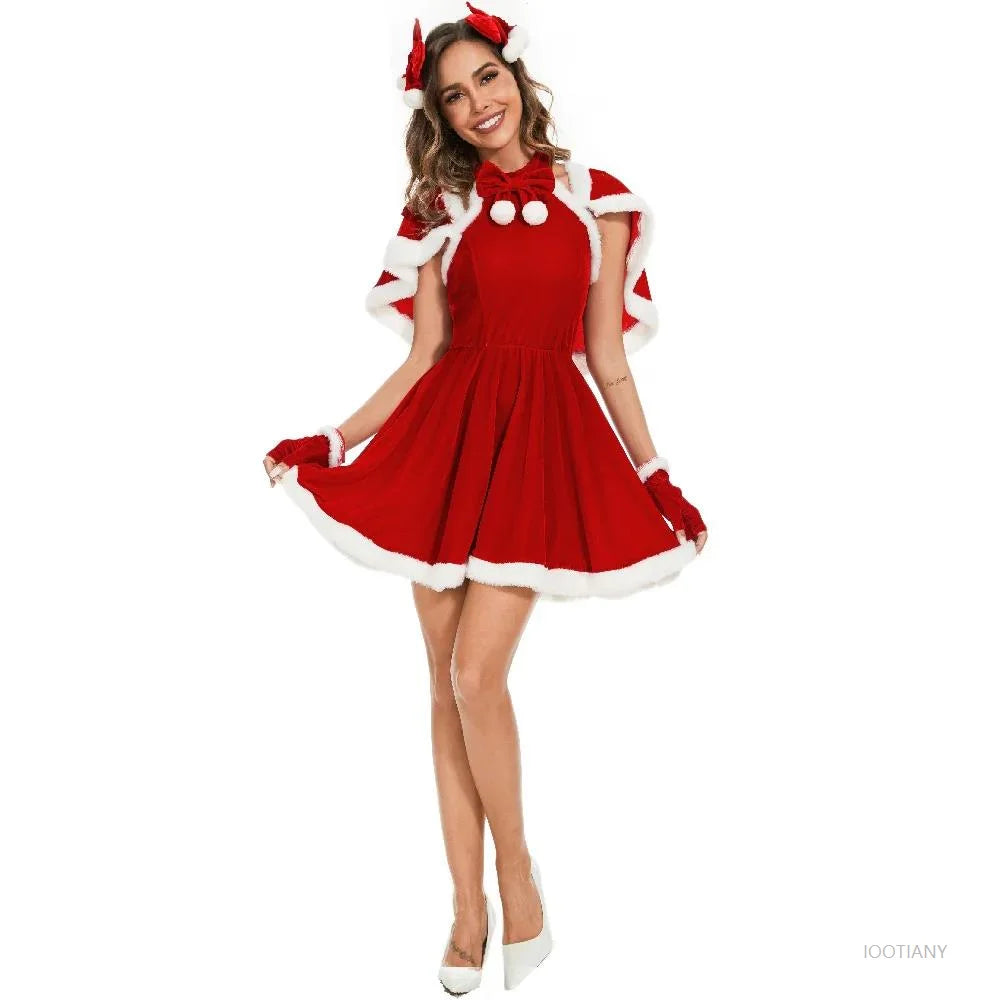 Red Sexy Christmas Uniforms Women's Santa Dress Adult Role Playing Outfit With Shawl Party Performance Fancy Clothing