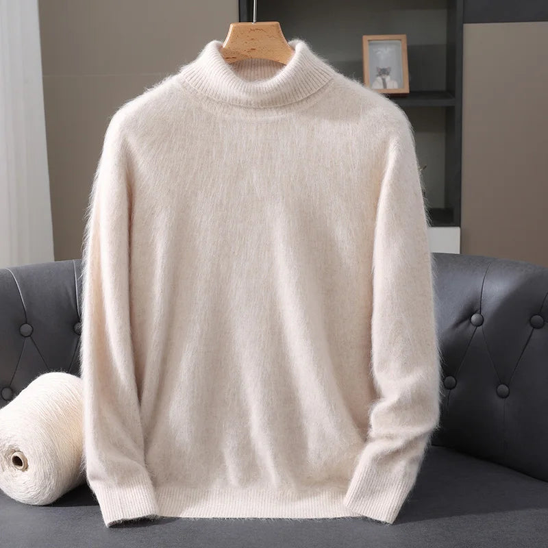 Autumn Winter Men's High Neck Pullover Knitted Sweater 100% Mink Cashmere Long Sleeved Loose Business Casual Warm Top New Styles