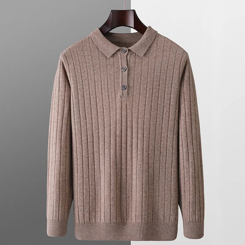 Winter New Men's Pure Wool Sweater Loose POLO Collar Vertical Pattern Thickened Sweater Casual Business High end CashmereSweater