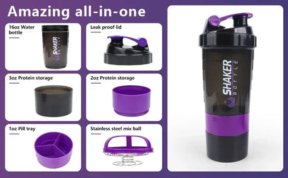 500ml Layered Protein Bottle Powder Shaker with Powder Storage Container Large Water Bottle Water Bottle with Wire Stirring Ball