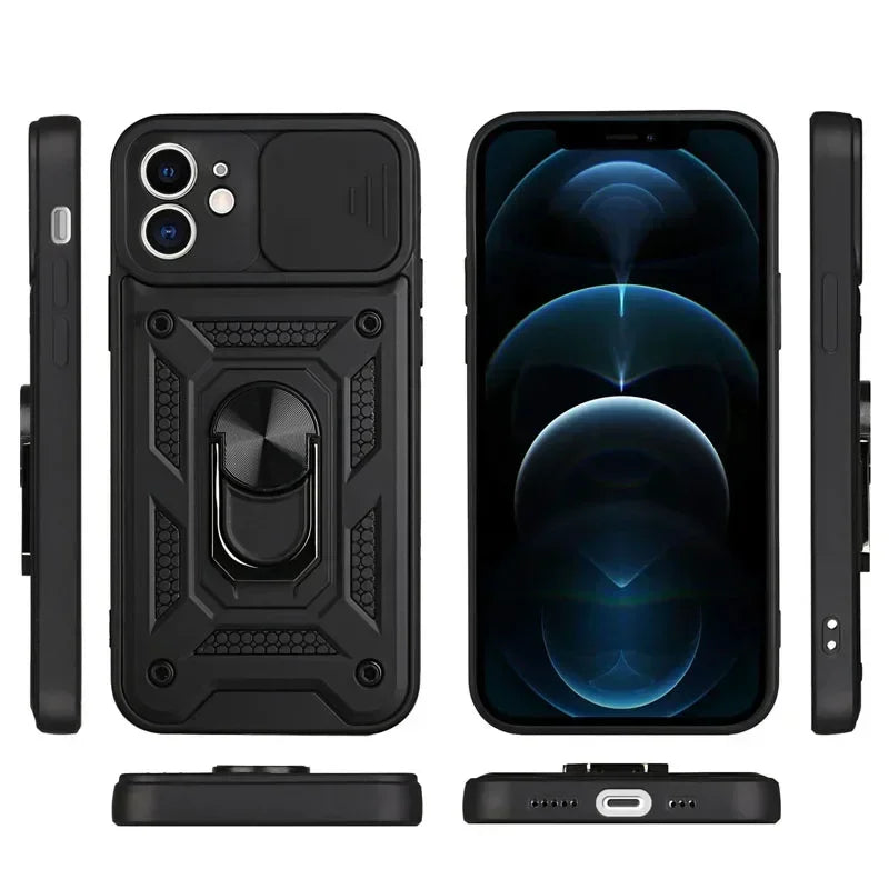 Luxury Slide Camera Lens Protection Armor Case for iPhone 17 16 15 14 Plus 13 12 Pro Max Military Grade Bumpers Metal Ring Cover